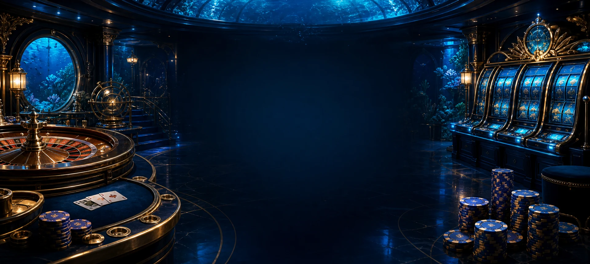 Deep-blue casino floor with roulette, table games and slot machines